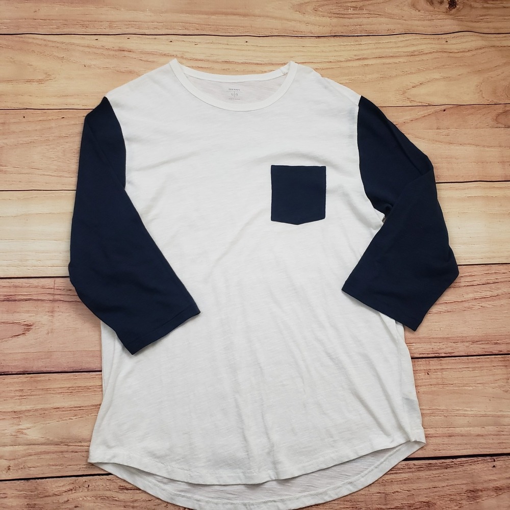 Old Navy Shirt Mens Large White Blue Baseball 3/4‎ Sleeve Raglan Pocket Tee